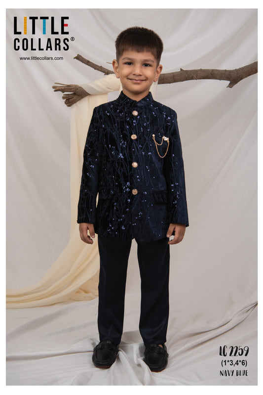 Velvet Full Sleeves Heavy All over Embellished and Embroidered Bandhgala Prince Coat with Trousers Ethnicwear Set- Navy