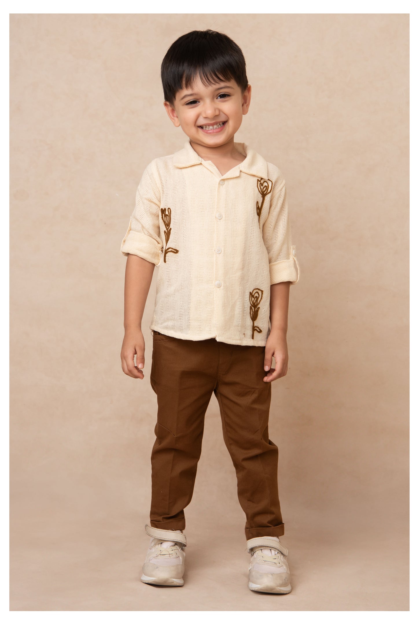 Blended Woven Full Sleeves Floral Motif Embroidered Shirt & Pant Casual Set- Cream