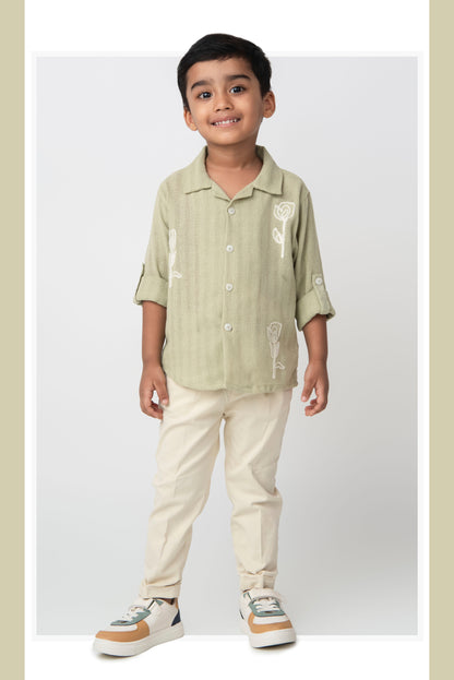 Blended Woven Full Sleeves Floral Motif Embroidered Shirt & Pant Casual Set- Green