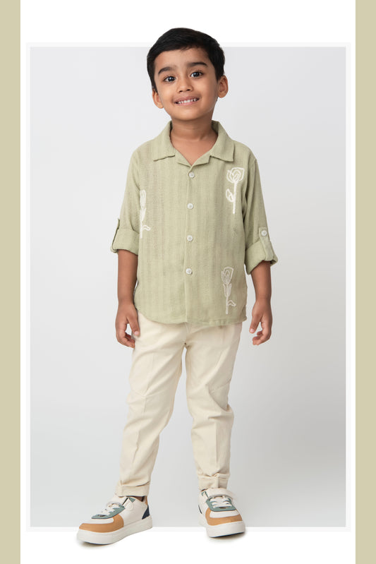 Blended Woven Full Sleeves Floral Motif Embroidered Shirt & Pant Casual Set- Green