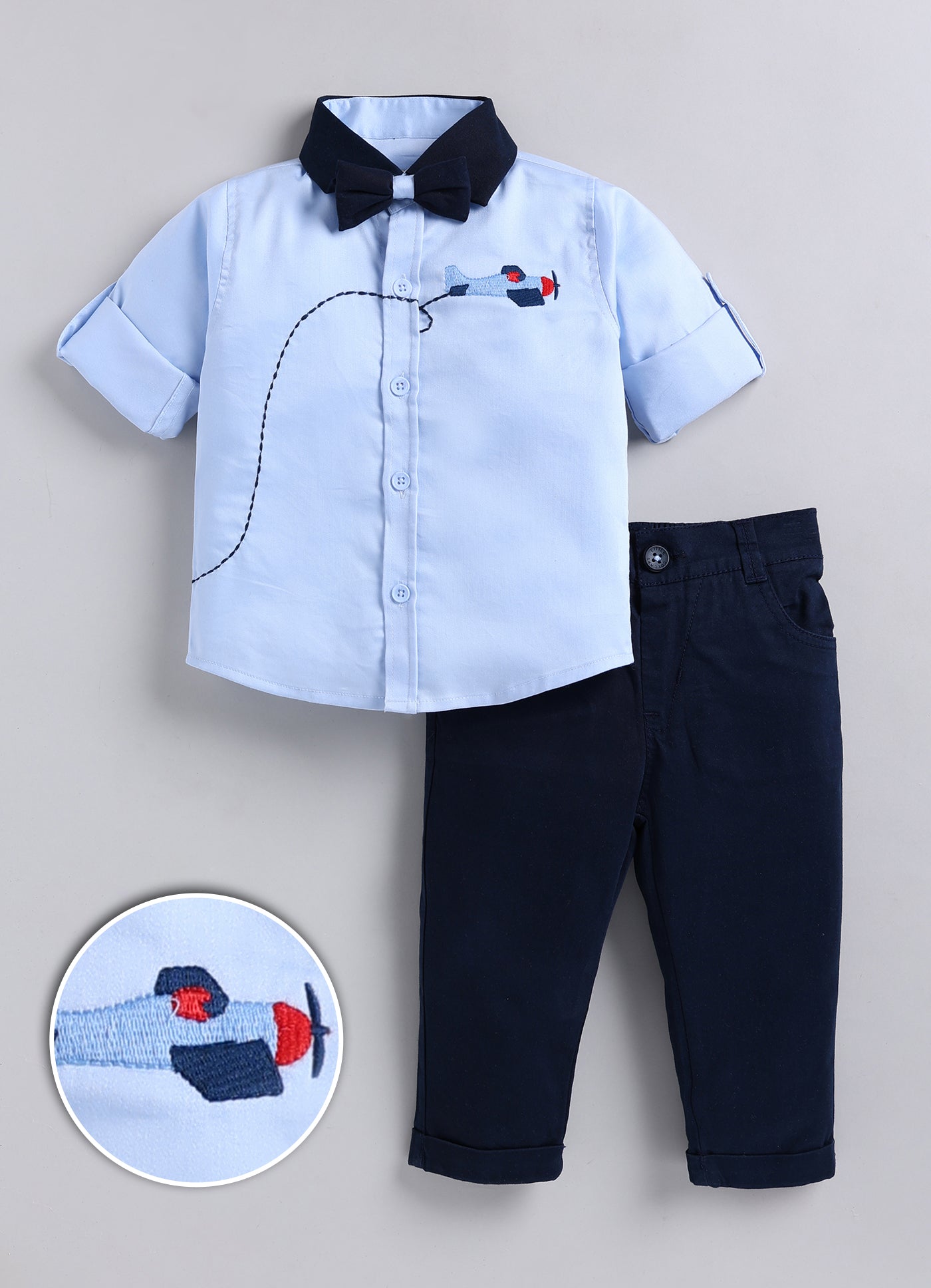 Boys Cotton Satin Checks Woven Aeroplane Embroidered Full Sleeves Shirt Pant with Bow Set- Sky