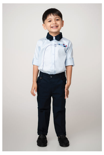 Boys Cotton Satin Checks Woven Aeroplane Embroidered Full Sleeves Shirt Pant with Bow Set- Sky