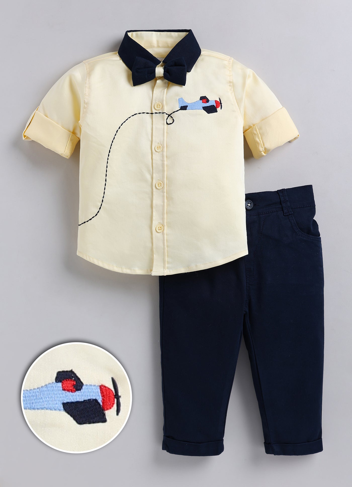 Boys Cotton Satin Checks Woven Aeroplane Embroidered Full Sleeves Shirt Pant with Bow Set- Yellow