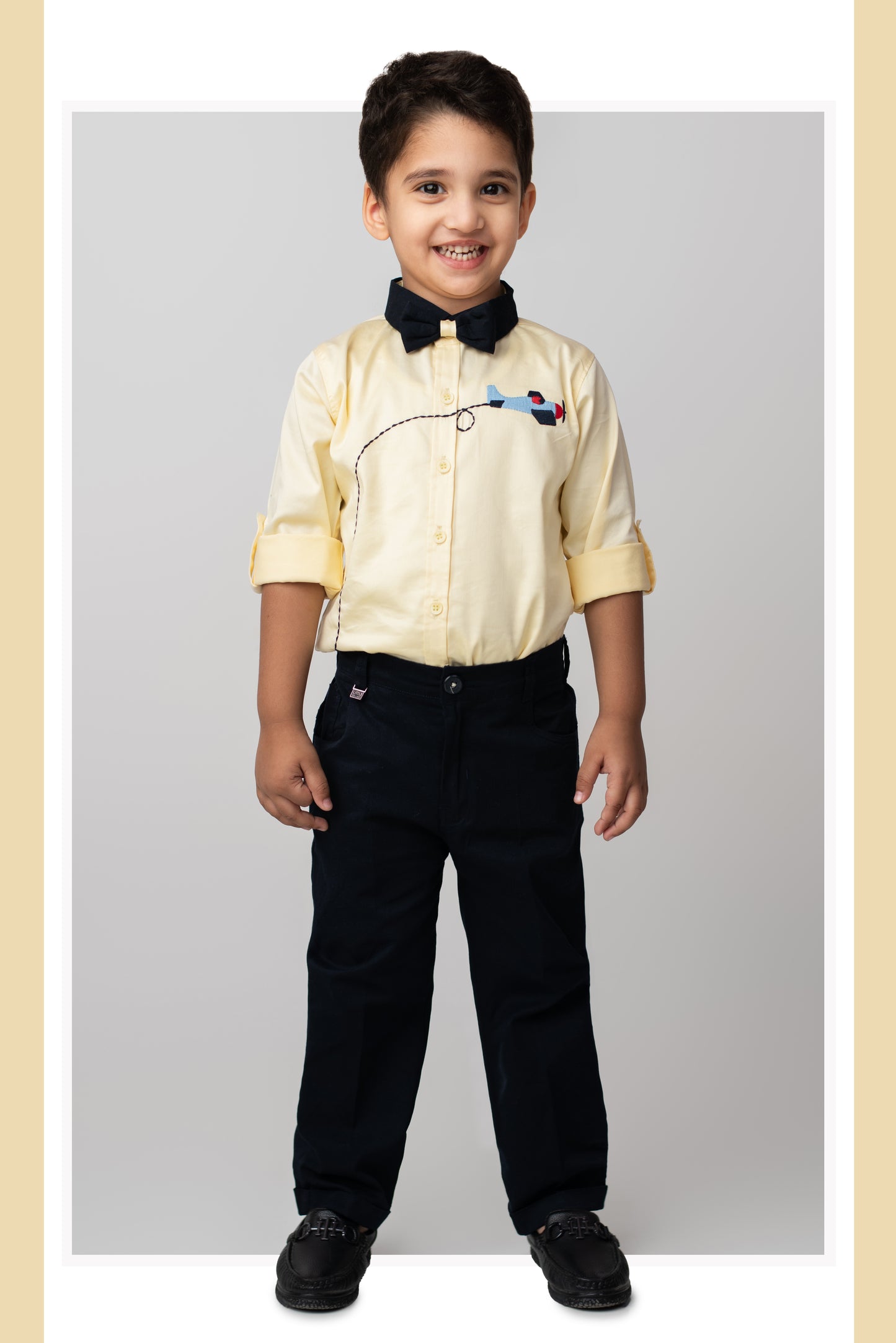 Boys Cotton Satin Checks Woven Aeroplane Embroidered Full Sleeves Shirt Pant with Bow Set- Yellow