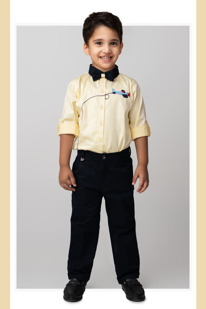 Boys Cotton Satin Checks Woven Aeroplane Embroidered Full Sleeves Shirt Pant with Bow Set- Yellow