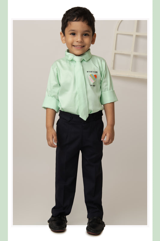 Cotton Satin Shirt with Hand embellished Heart, Pant & Tie Set- Green