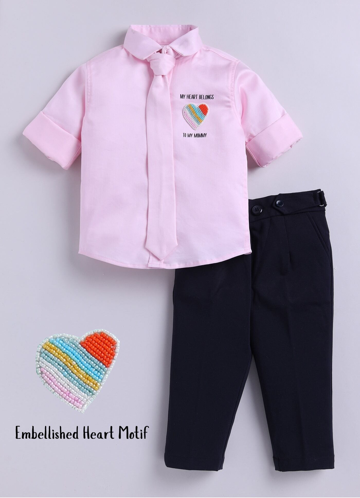 Cotton Satin Shirt with Hand embellished Heart, Pant & Tie Set- Pink