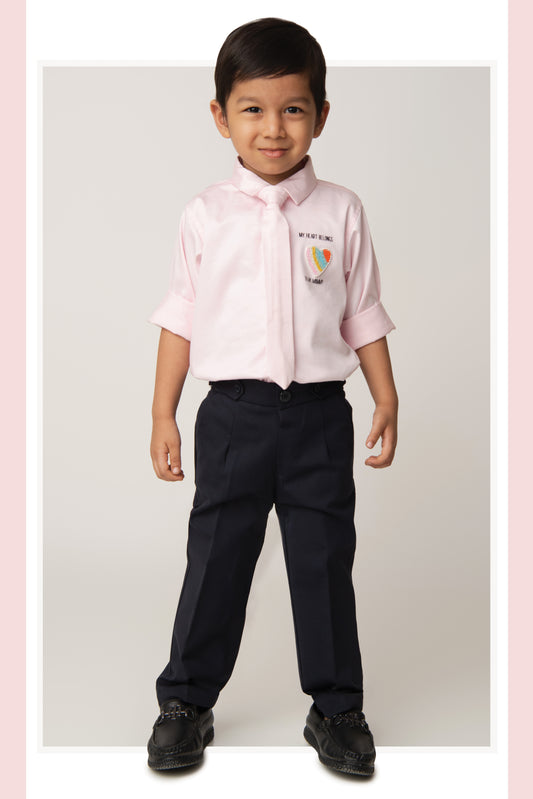 Cotton Satin Shirt with Hand embellished Heart, Pant & Tie Set- Pink