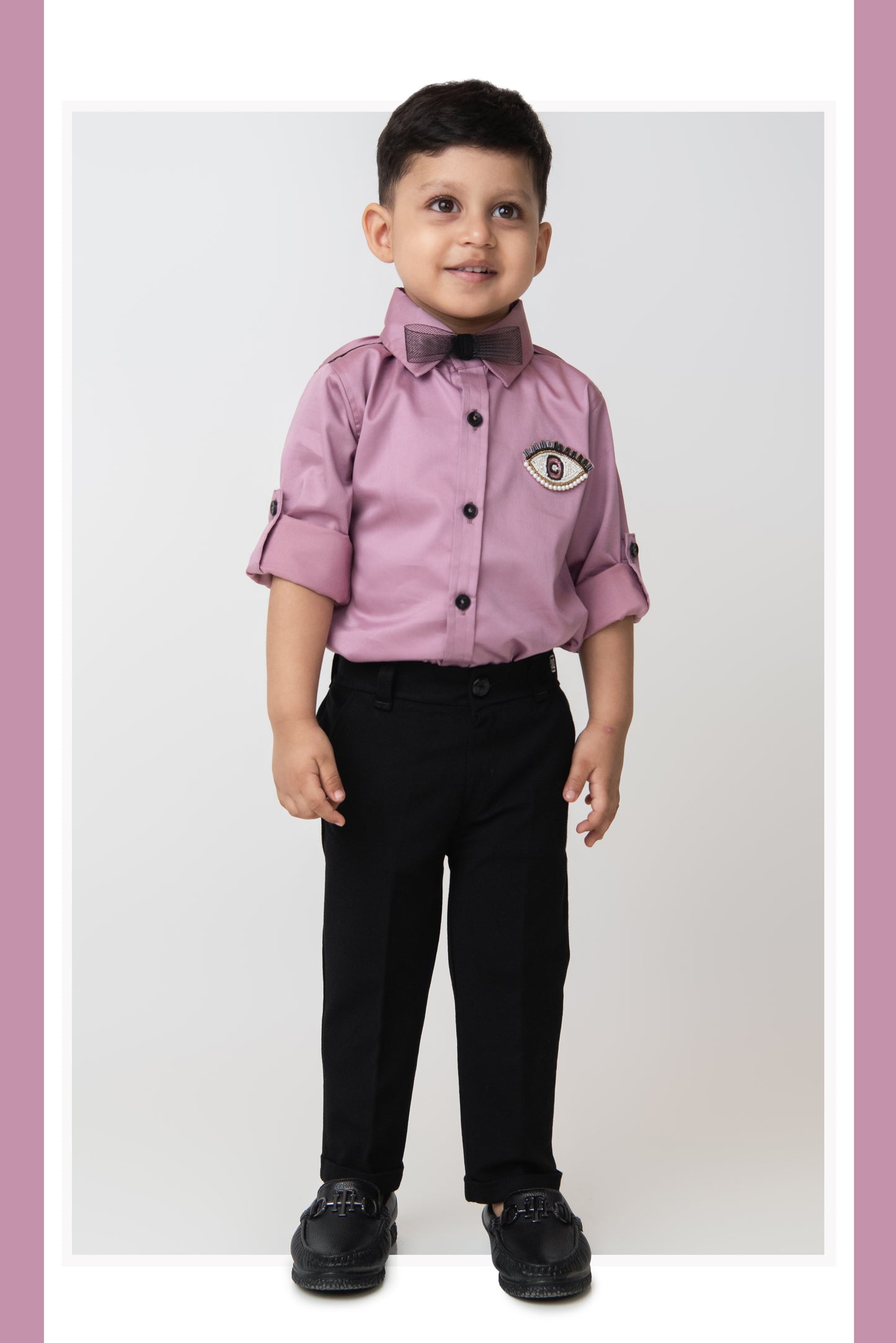 Blended Cotton Full Sleeves Evil Eye Embellished Shirt with Pants Set- Lavender