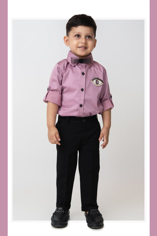Blended Cotton Full Sleeves Evil Eye Embellished Shirt with Pants Set- Lavender