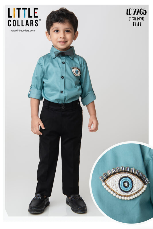 Blended Cotton Full Sleeves Evil Eye Embellished Shirt with Pants Set- Teal