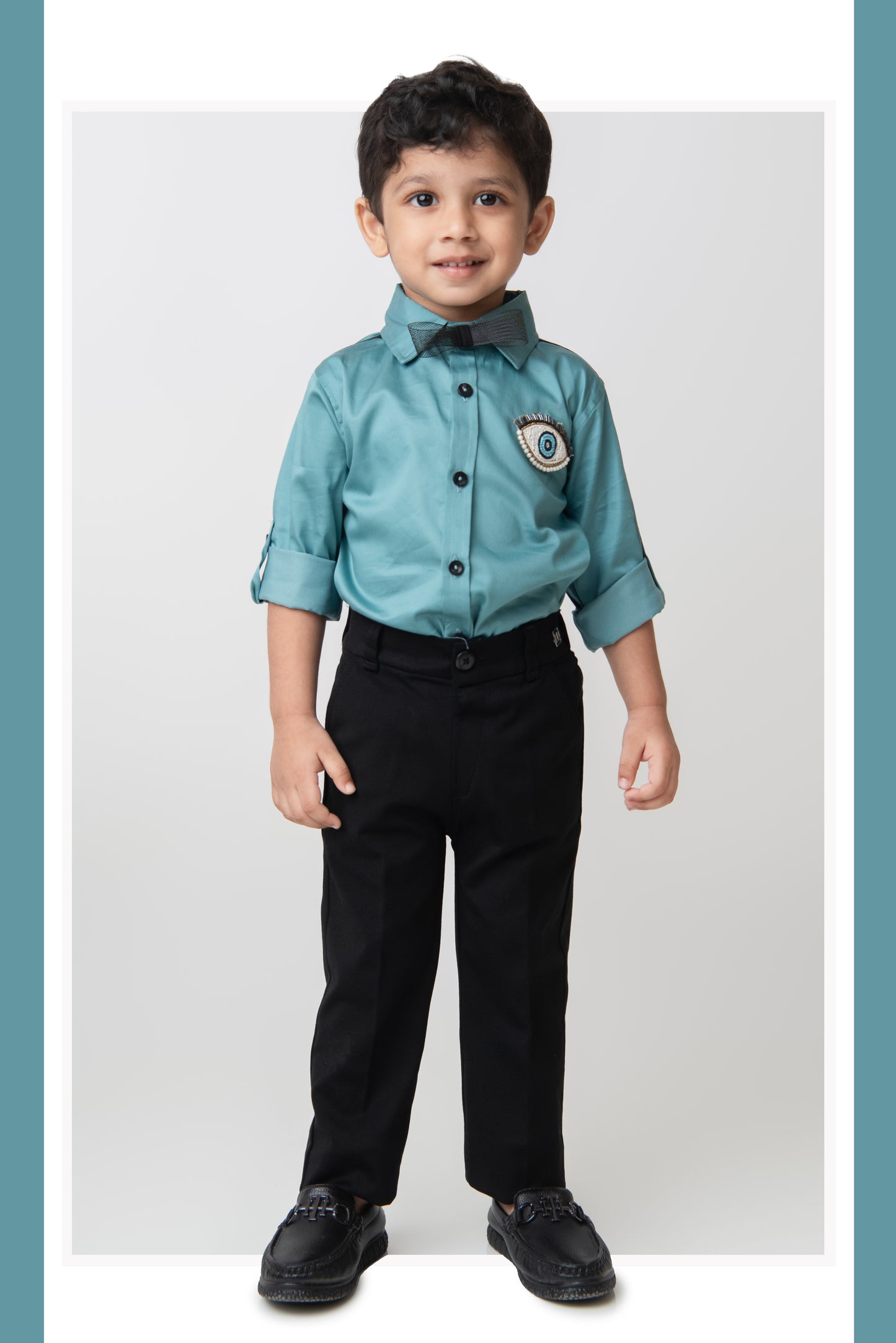Blended Cotton Full Sleeves Evil Eye Embellished Shirt with Pants Set- Teal