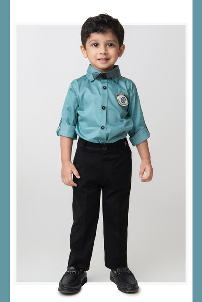 Blended Cotton Full Sleeves Evil Eye Embellished Shirt with Pants Set- Teal