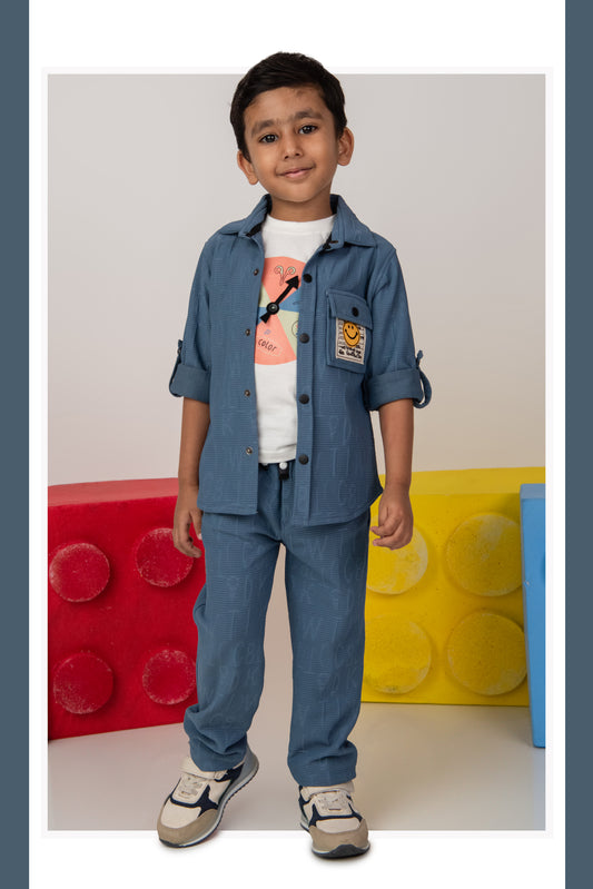 Boys Solid Bright Airport Look Full Sleeves Knitted Shirt, Trousers with Tshirt and Bag Casual Coord Set - Blue