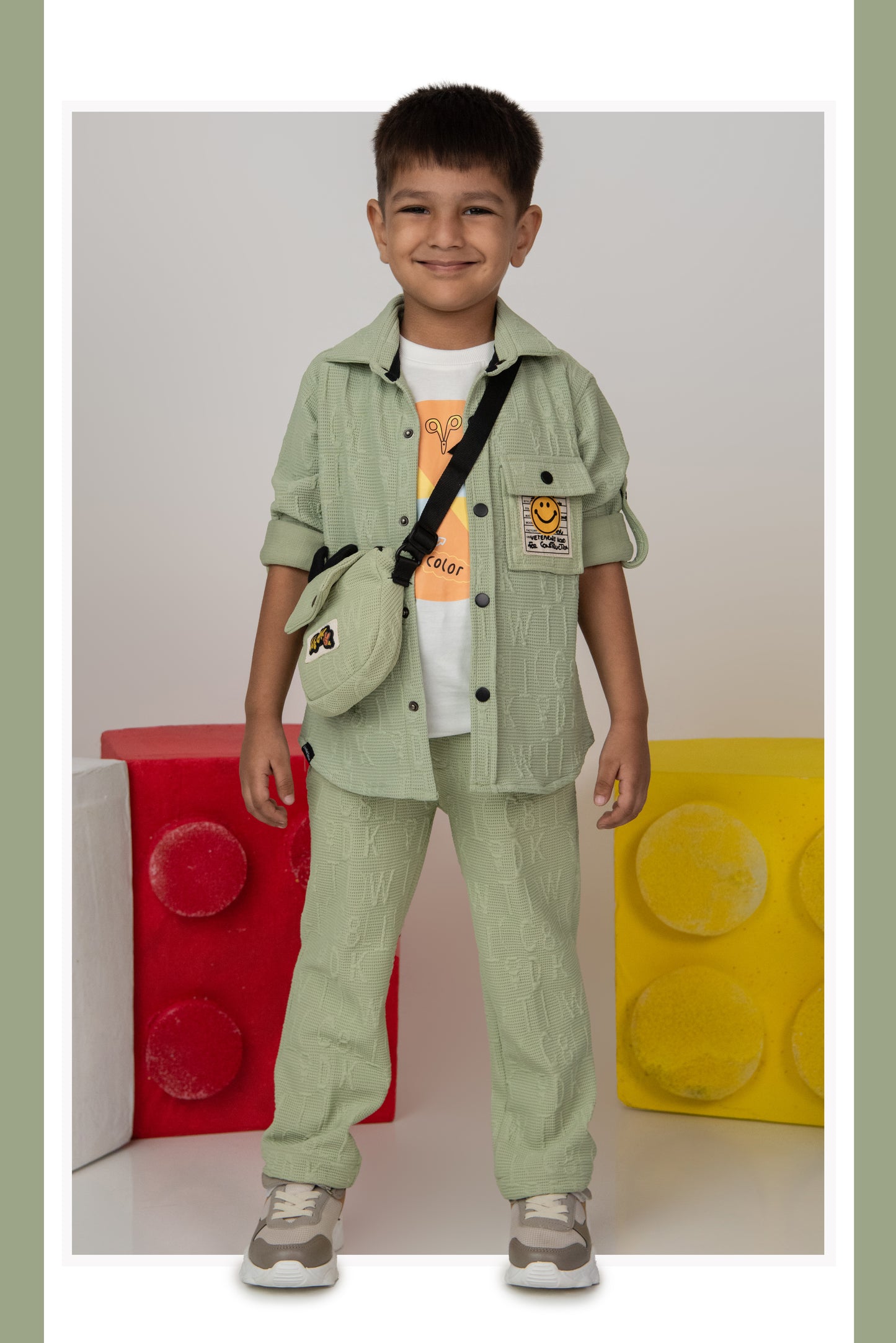 Boys Solid Bright Airport Look Full Sleeves Knitted Shirt, Trousers with Tshirt and Bag Casual Coord Set - Green