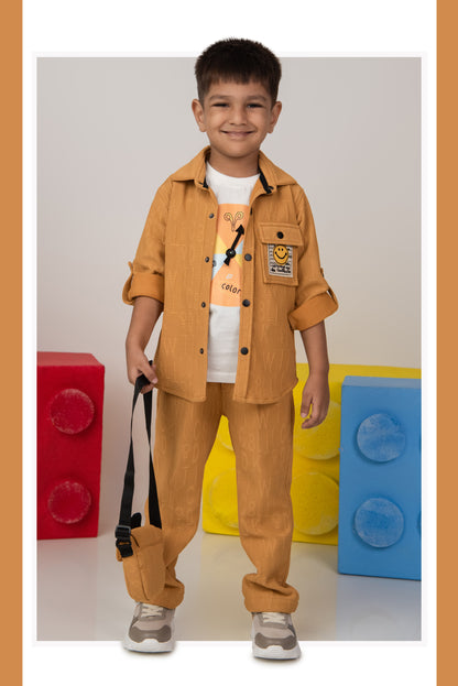 Boys Solid Bright Airport Look Full Sleeves Knitted Shirt, Trousers with Tshirt and Bag Casual Coord Set - Mango