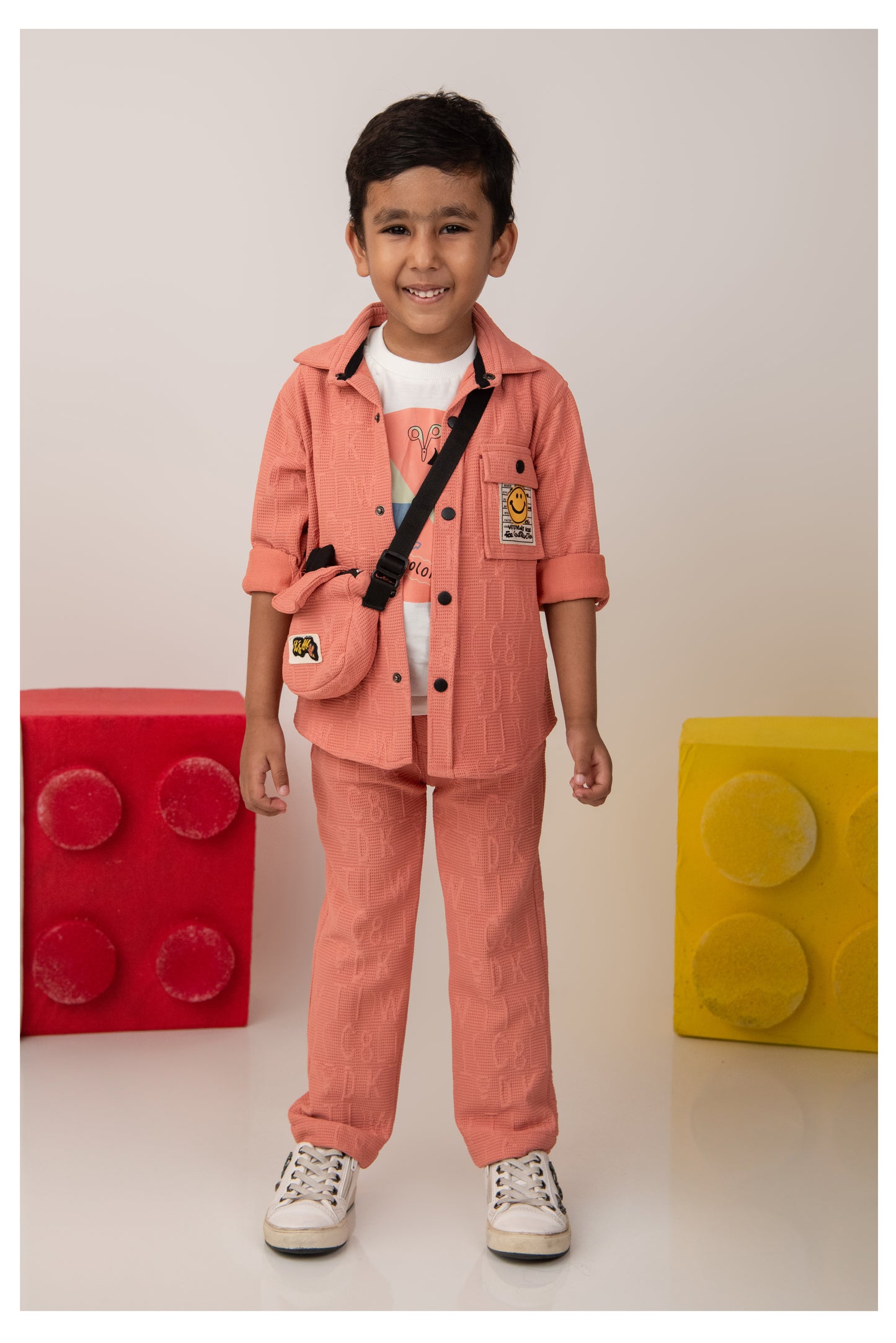Boys Solid Bright Airport Look Full Sleeves Knitted Shirt, Trousers with Tshirt and Bag Casual Coord Set - Peach