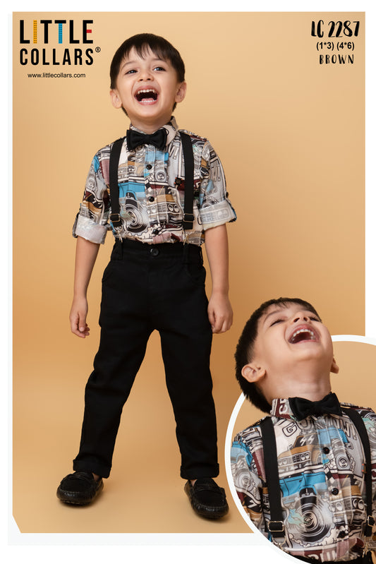 Little Collars Woven Full Sleeves Textured Printed Shirt with Trousers Suspender and Bow Shirt Pant Set- Brown (Copy)