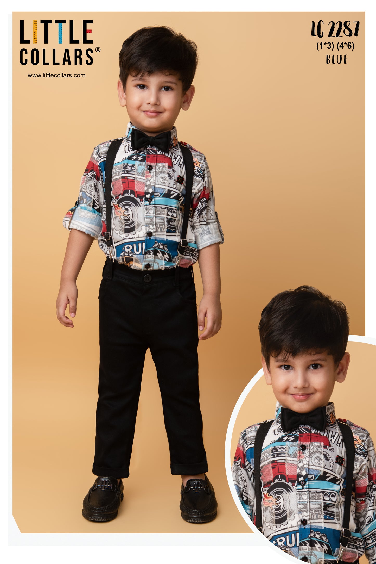 Little Collars Woven Full Sleeves Textured Printed Shirt with Trousers Suspender and Bow Shirt Pant Set- Blue