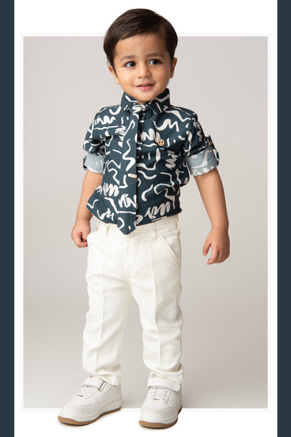 Poly Nylon Woven Full Sleeves Abstract Shirt Pant with Tie and Tie Pin Set- Blue
