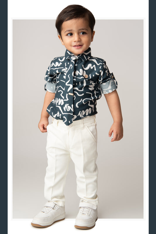 Poly Nylon Woven Full Sleeves Abstract Shirt Pant with Tie and Tie Pin Set- Blue