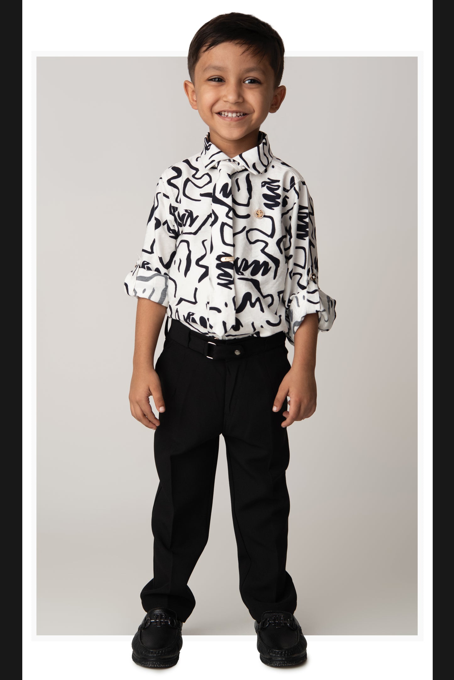 Poly Nylon Woven Full Sleeves Abstract Shirt Pant with Tie and Tie Pin Set- White