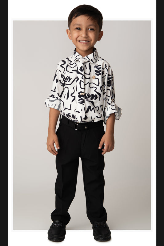 Poly Nylon Woven Full Sleeves Abstract Shirt Pant with Tie and Tie Pin Set- White