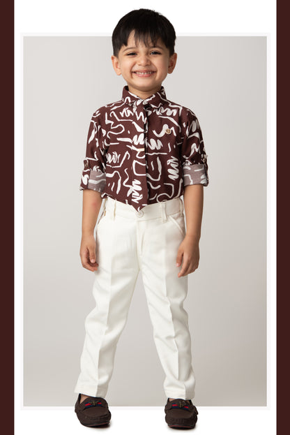 Poly Nylon Woven Full Sleeves Abstract Shirt Pant with Tie and Tie Pin Set- Wine