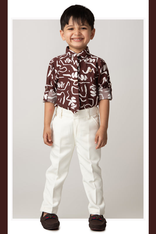 Poly Nylon Woven Full Sleeves Abstract Shirt Pant with Tie and Tie Pin Set- Wine