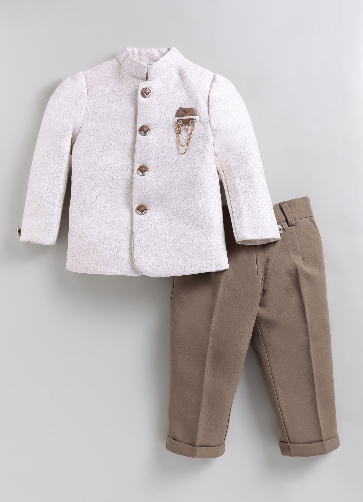 Boys Festive Jaquard Silk Woven Full Sleeves Prince Coat with Pant With Brooch Ethnic Set - Cream