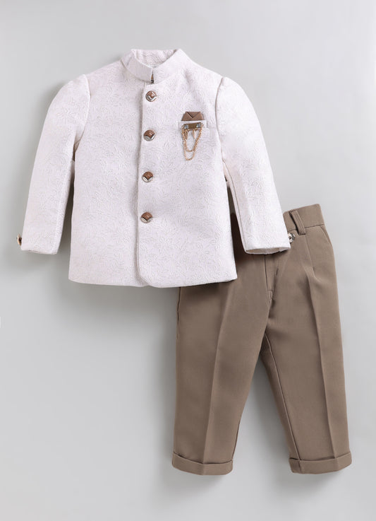 Boys Festive Jaquard Silk Woven Full Sleeves Prince Coat with Pant With Brooch Ethnic Set - Cream
