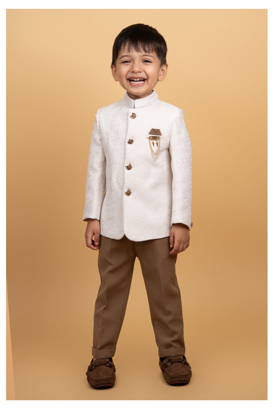 Boys Festive Jaquard Silk Woven Full Sleeves Prince Coat with Pant With Brooch Ethnic Set - Cream