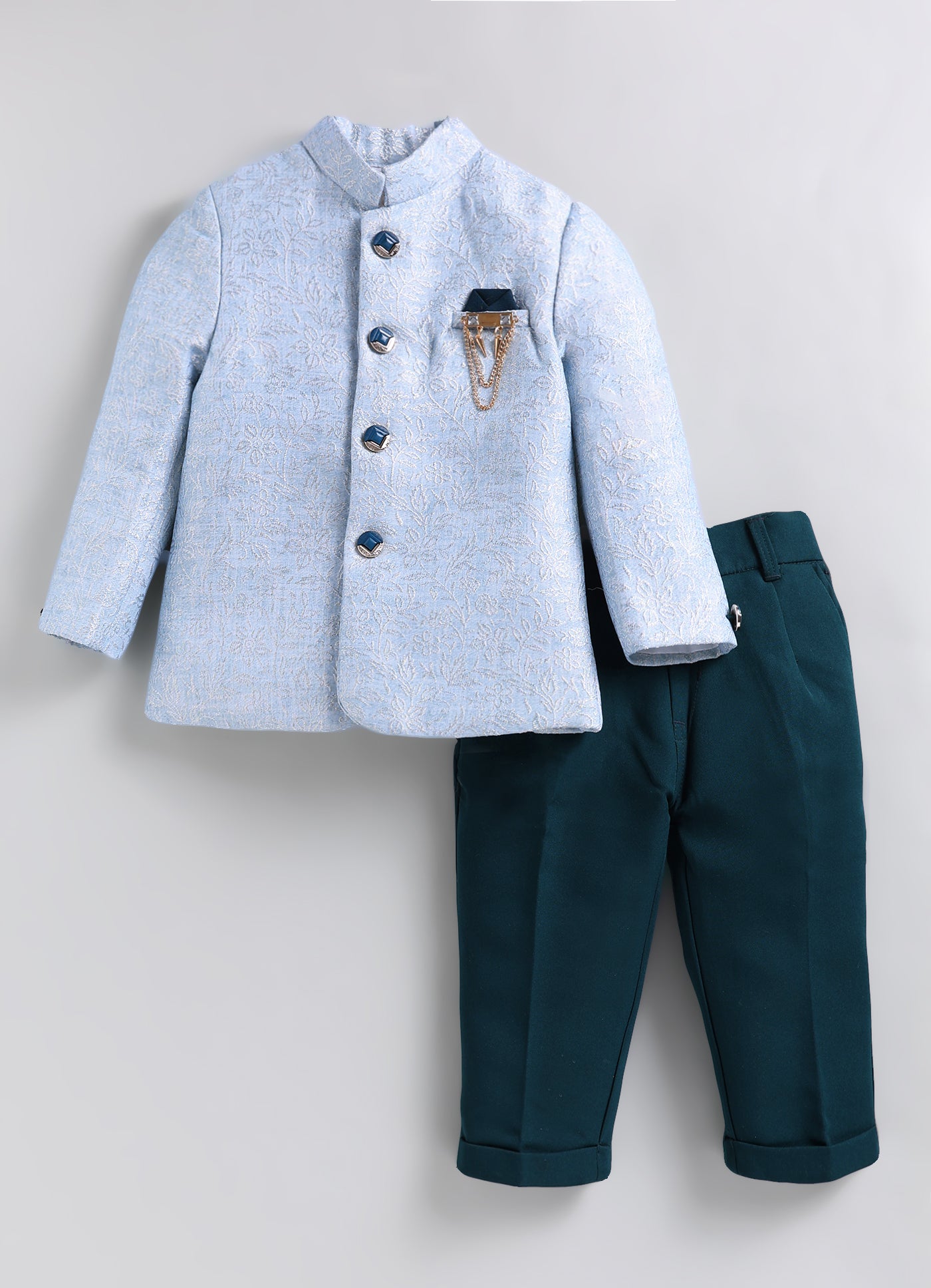 Boys Festive Jaquard Silk Woven Full Sleeves Prince Coat with Pant With Brooch Ethnic Set - Green