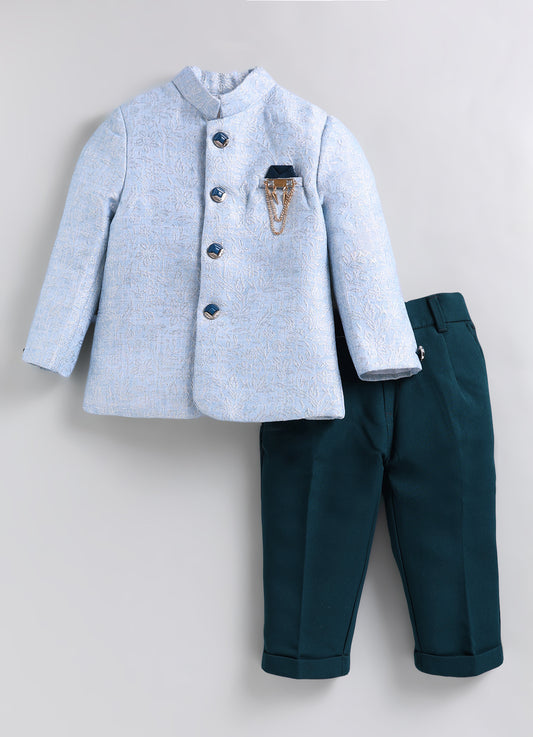 Boys Festive Jaquard Silk Woven Full Sleeves Prince Coat with Pant With Brooch Ethnic Set - Green