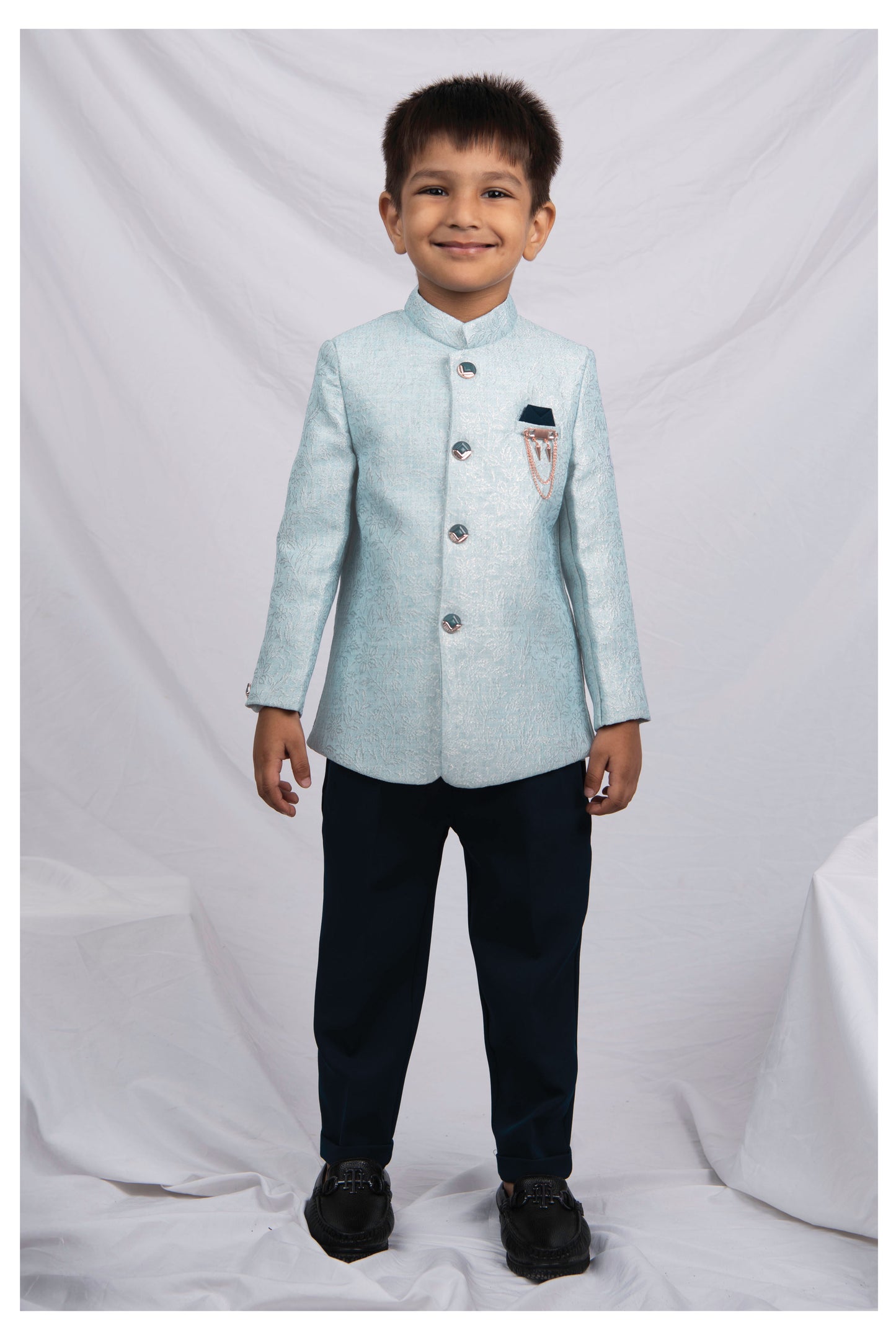 Boys Festive Jaquard Silk Woven Full Sleeves Prince Coat with Pant With Brooch Ethnic Set - Green