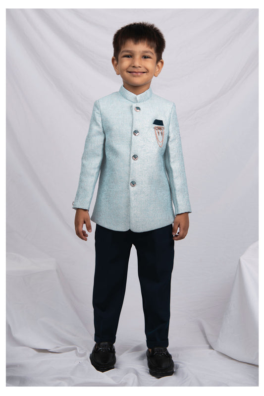 Boys Festive Jaquard Silk Woven Full Sleeves Prince Coat with Pant With Brooch Ethnic Set - Green