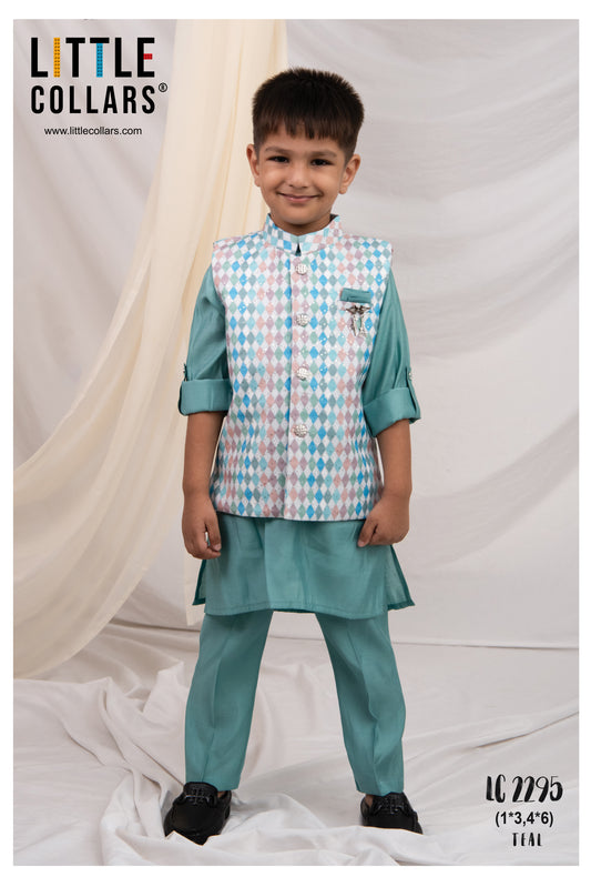 Blended Silk Woven Full Sleeves Kurta Pajama with Geometrical Printed and Embroidered Nehru Jacket Ethnic Set- Teal