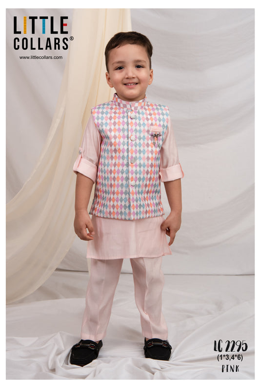 Blended Silk Woven Full Sleeves Kurta Pajama with Geometrical Printed and Embroidered Nehru Jacket Ethnic Set- Pink