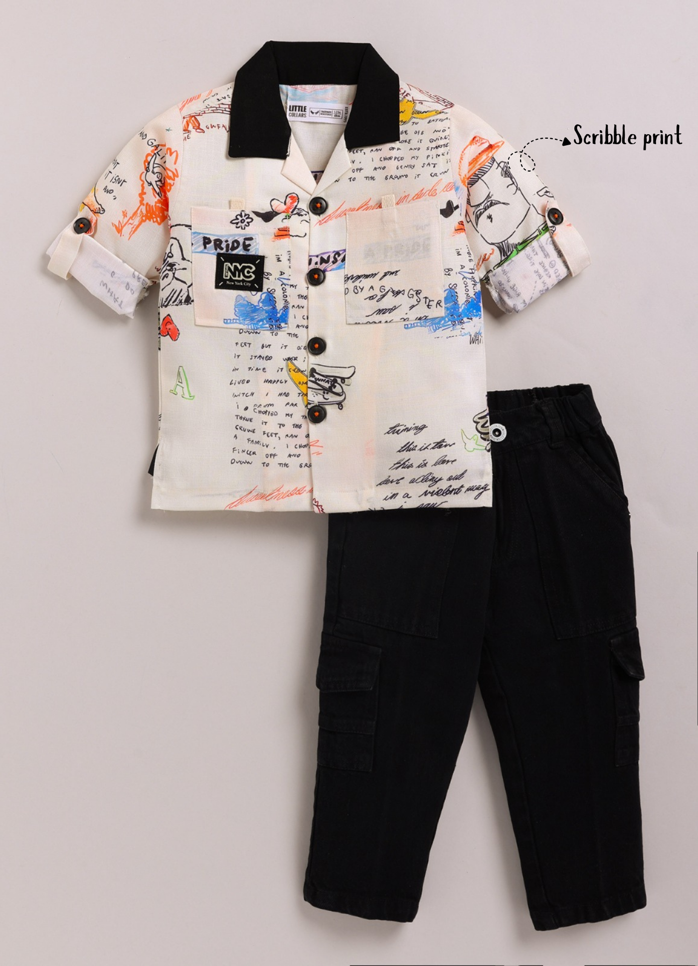 Boys Alphabet Scribble Printed Shirt Pant Casual Set - Beige