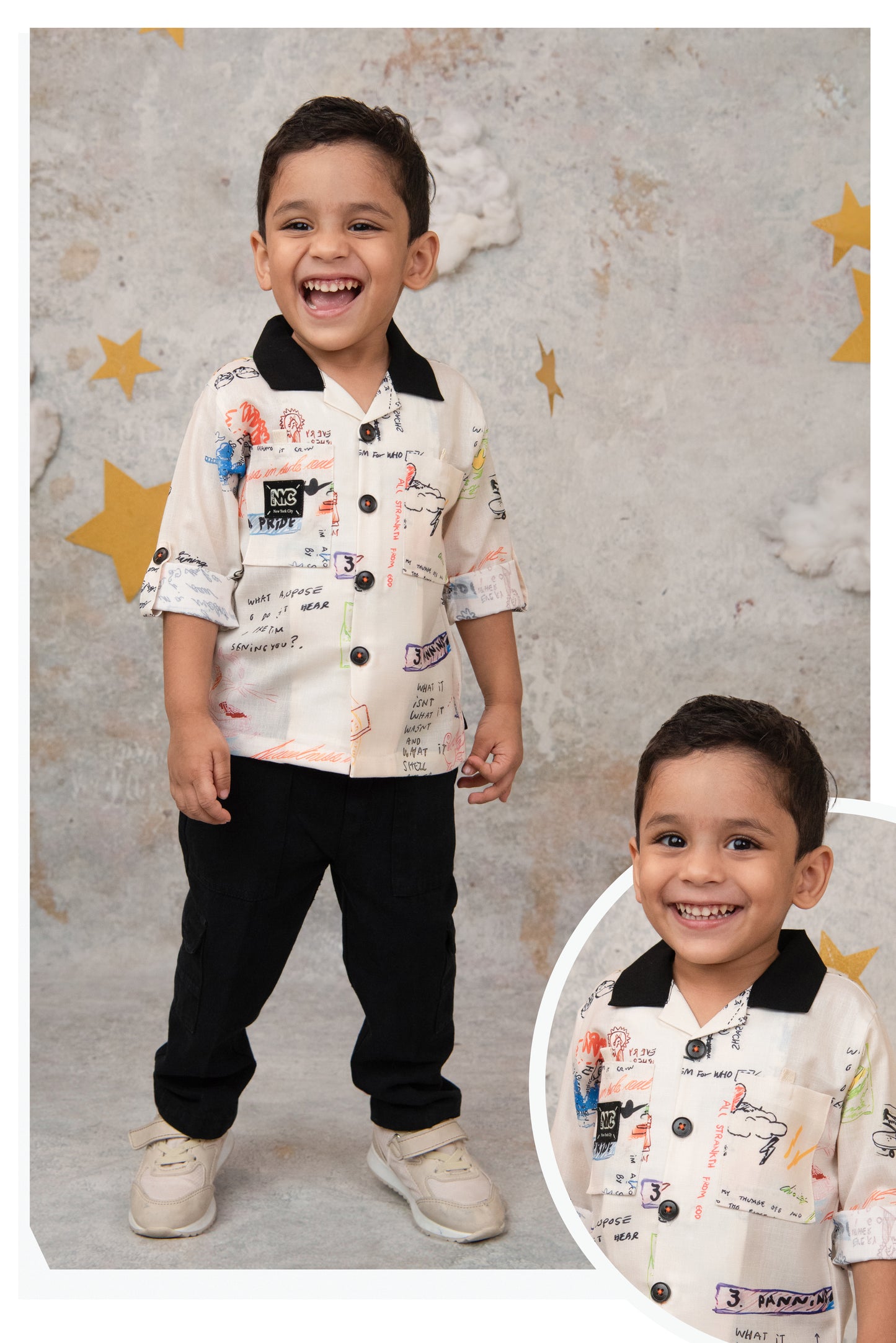 Boys Alphabet Scribble Printed Shirt Pant Casual Set - Beige