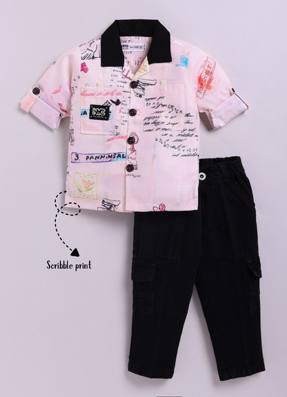 Little Collars Boys Alphabet Scribble Printed Shirt Pant Casual Set - Pink