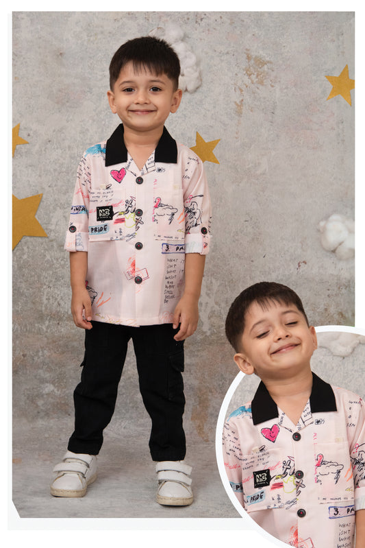 Little Collars Boys Alphabet Scribble Printed Shirt Pant Casual Set - Pink