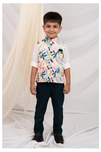 Boys Blended Floral Printed and Embroidered Nehru Jacket, Full Sleeve Shirt and Pant and Brooch Partywear Set - Pink