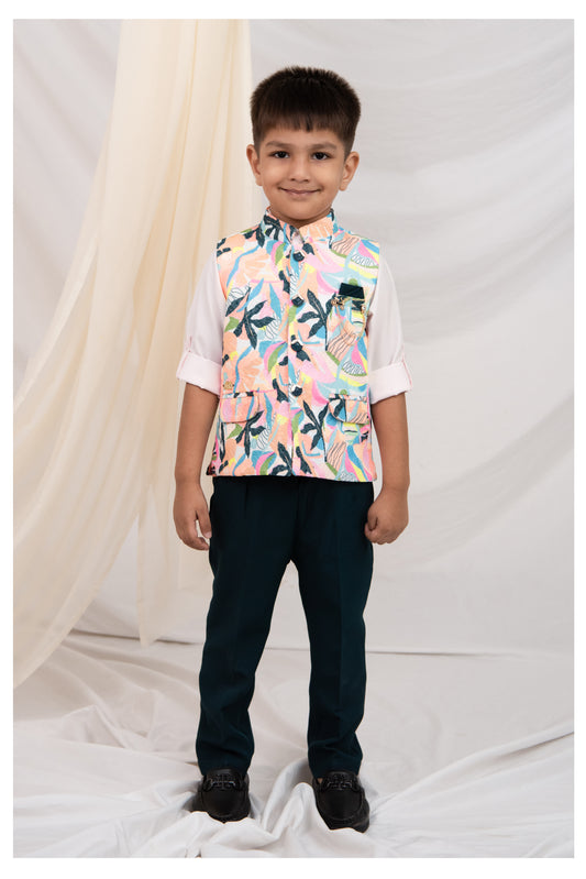 Boys Blended Floral Printed and Embroidered Nehru Jacket, Full Sleeve Shirt and Pant and Brooch Partywear Set - Pink
