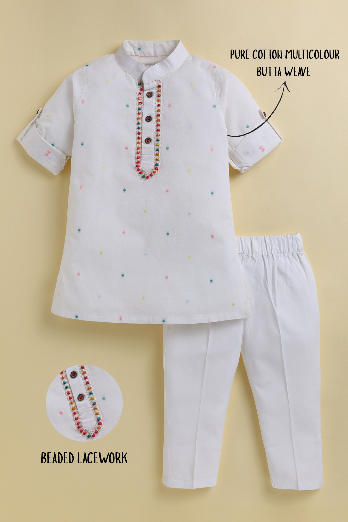 Boys Pure Cotton Woven Multicolour Butta Full Sleeve Super Soft Kurta and Pajama Ethnic Set - White