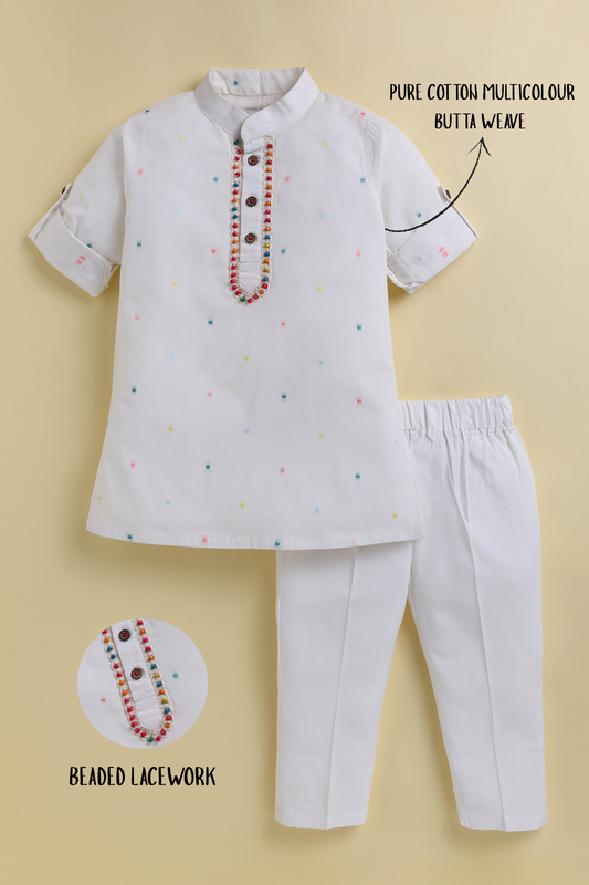 Boys Pure Cotton Woven Multicolour Butta Full Sleeve Super Soft Kurta and Pajama Ethnic Set - White
