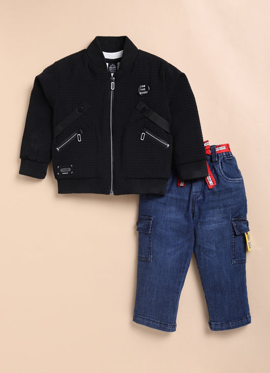 Jaquard Knitted Full Sleeves Zippered Sweat Jacket with Printed T-shirt and Denim Pants Casual Set- Black