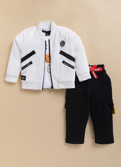 Jaquard Knitted Full Sleeves Zippered Sweat Jacket with Printed T-shirt and Denim Pants Casual Set- White