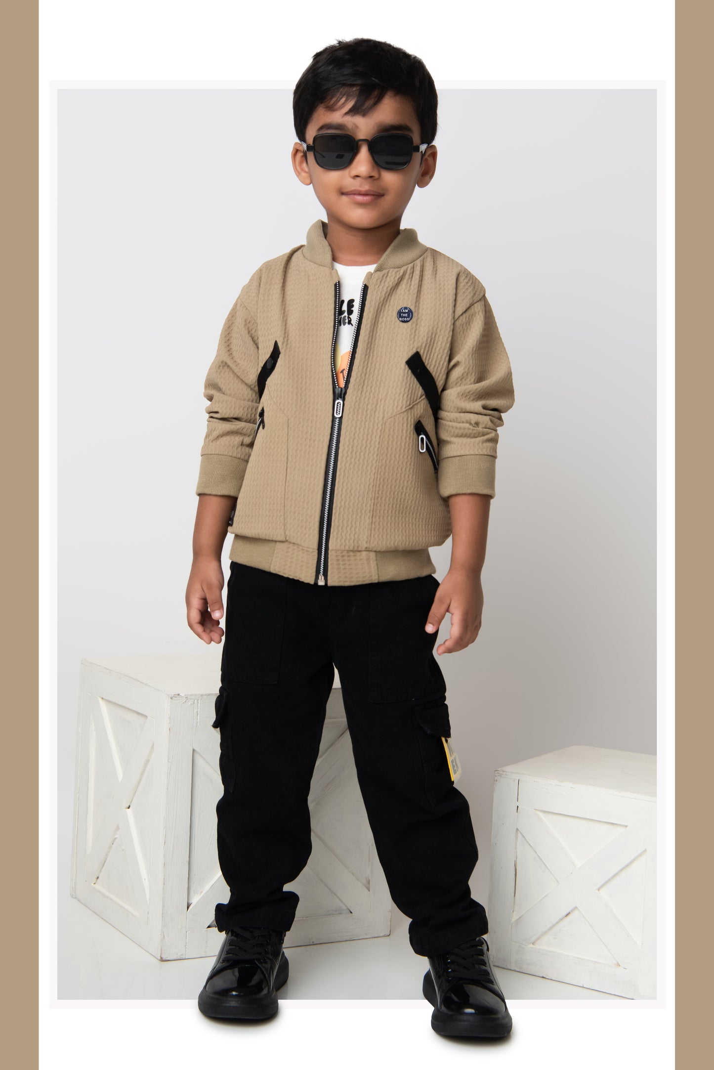 Jaquard Knitted Full Sleeves Zippered Sweat Jacket with Printed T-shirt and Denim Pants Casual Set- Khaki