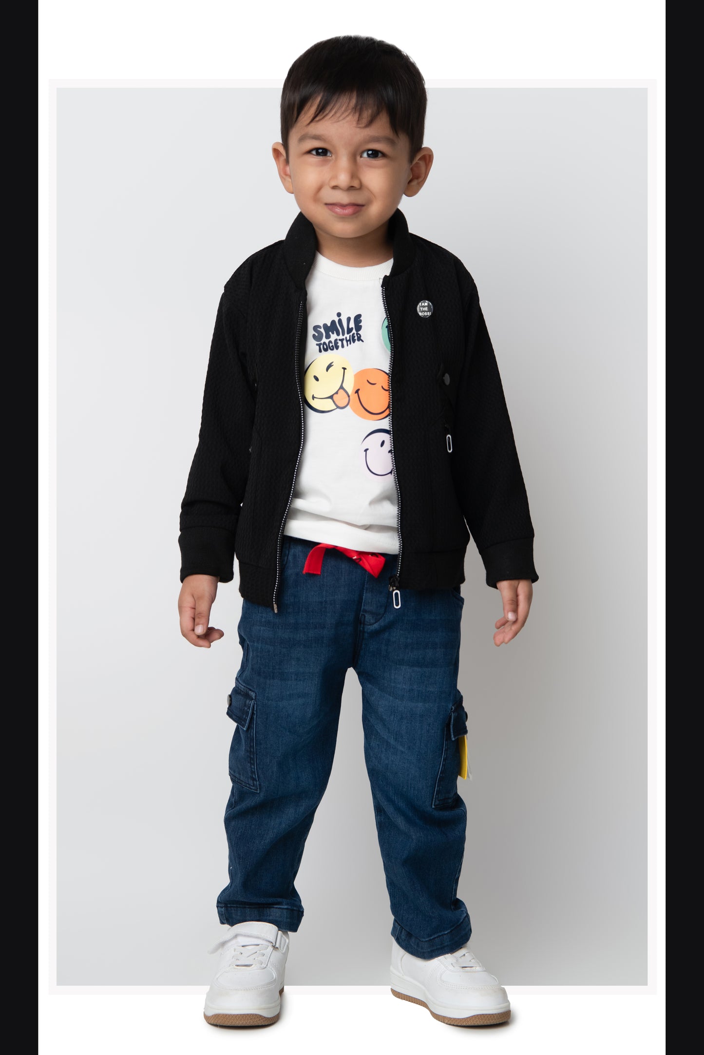 Jaquard Knitted Full Sleeves Zippered Sweat Jacket with Printed T-shirt and Denim Pants Casual Set- Black